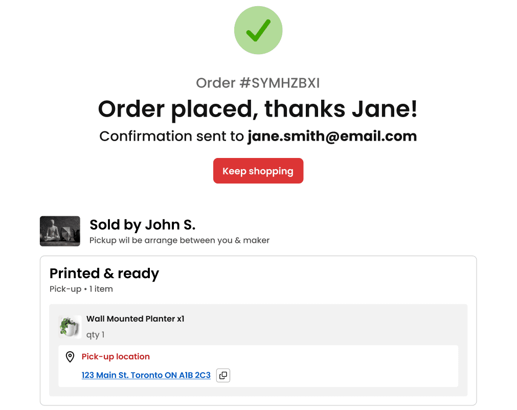 Order confirmation after a successful payment